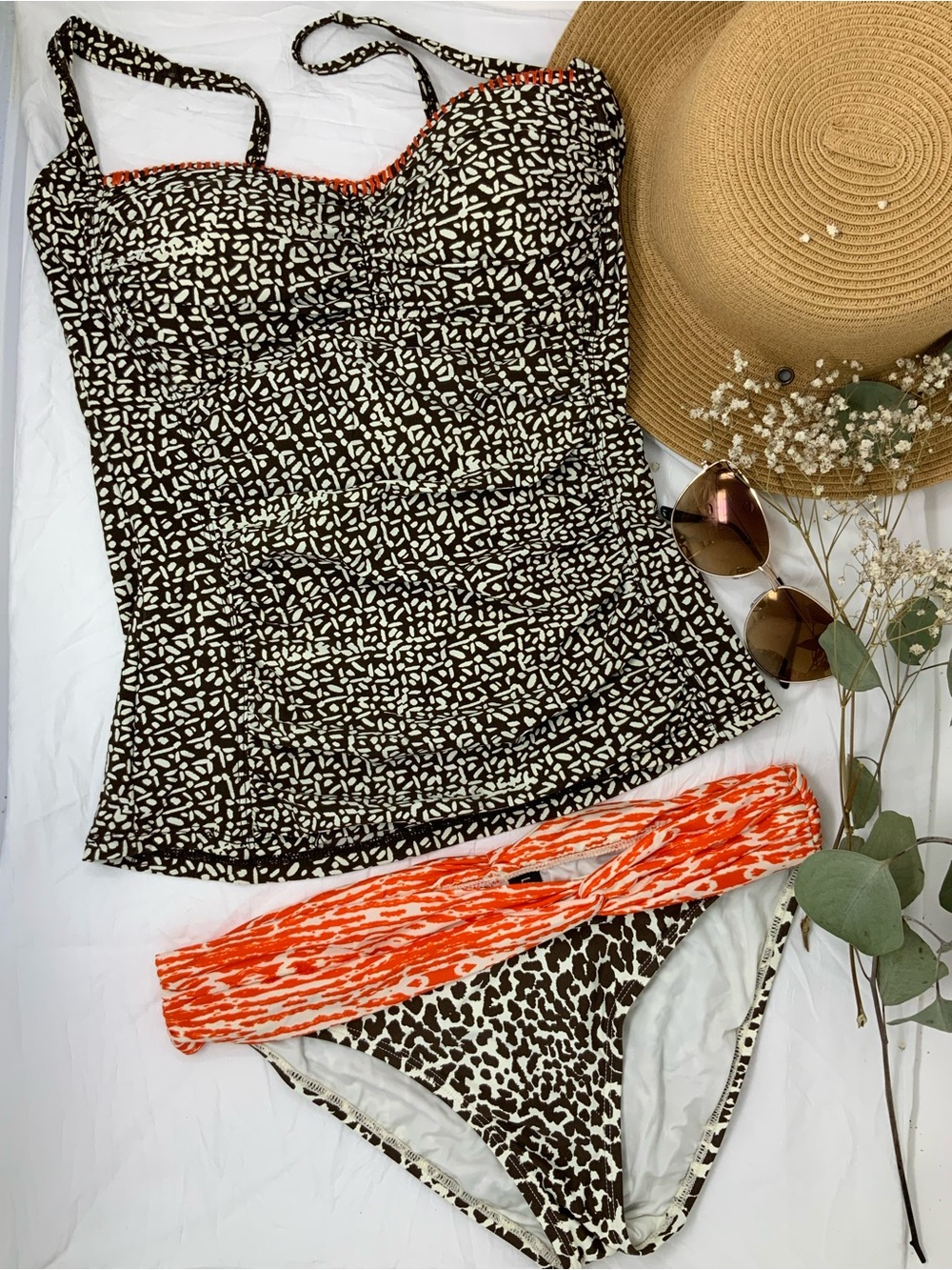 La Blanca Brown & Cream Printed Tankini with Orange Accents
